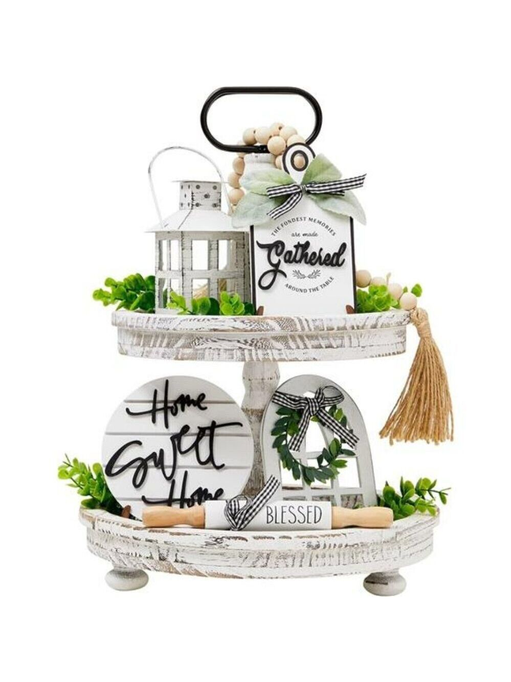 Farmhouse Tiered Tray Decor Set Rustic Wood Kitchen Shelf Table Accents